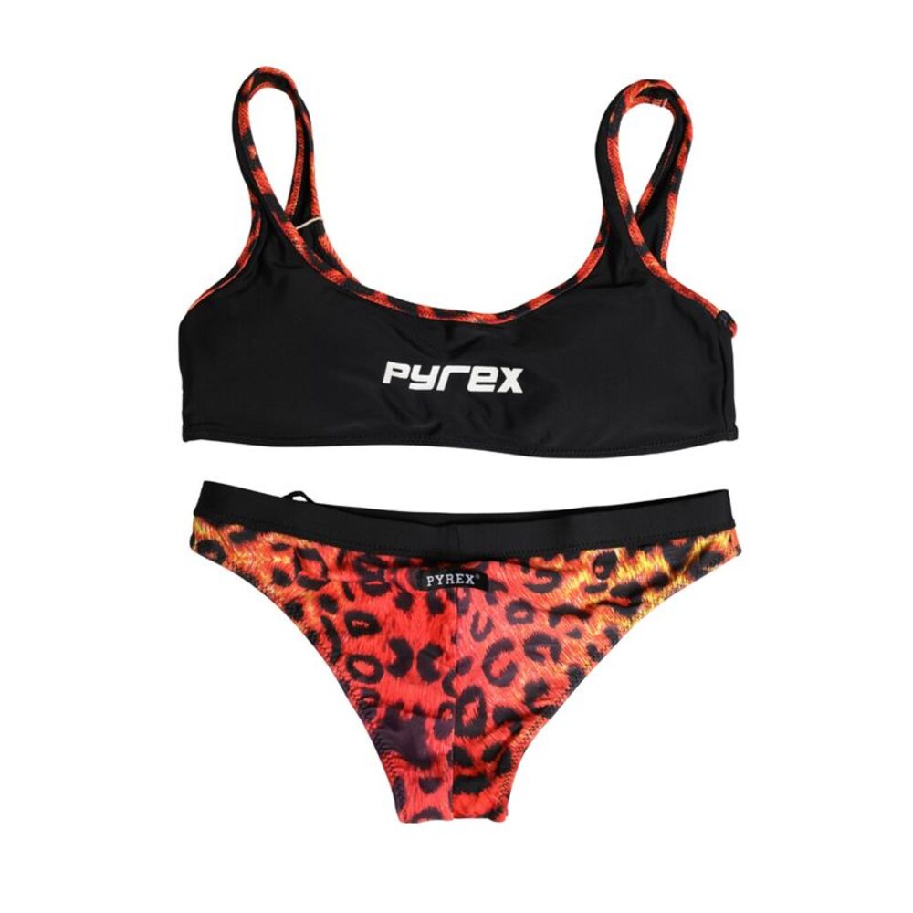 Pyrex Black Top Orange Leopard Print Bottom 2 Piece Women's Swimwear